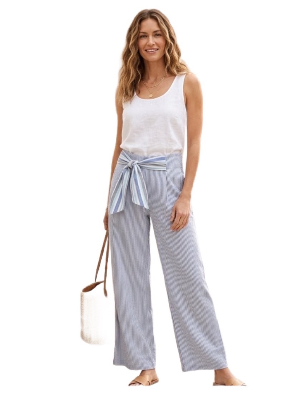 Angie Blue and White Striped Wide Leg Wrap Waist Pants✨